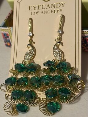 EyeCandy Los Angeles Gold Peacock Drop Earrings in Emerald Green